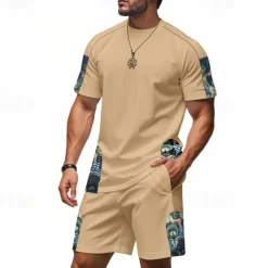 Men's T-shirt Suits 2 Pieces Outfits Tee & Shorts Short Sleeve Crew Neck Summer Graphic Fashion Casual 2 Piece Vacation Daily Wear Going out Black White Brown Top Tee for Men