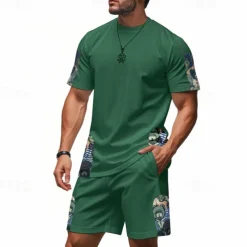 Men's T-shirt Suits 2 Pieces Outfits Tee & Shorts Short Sleeve Crew Neck Summer Graphic Fashion Casual 2 Piece Vacation Daily Wear Going out Black White Brown Top Tee for Men