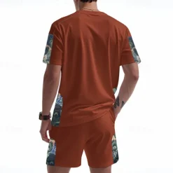 Men's T-shirt Suits 2 Pieces Outfits Tee & Shorts Short Sleeve Crew Neck Summer Graphic Fashion Casual 2 Piece Vacation Daily Wear Going out Black White Brown Top Tee for Men