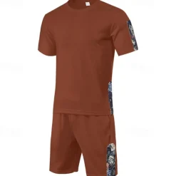 Men's T-shirt Suits 2 Pieces Outfits Tee & Shorts Short Sleeve Crew Neck Summer Graphic Fashion Casual 2 Piece Vacation Daily Wear Going out Black White Brown Top Tee for Men