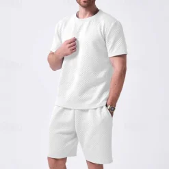 Men's T-shirt Suits 2 Pieces Outfits Tee & Shorts Short Sleeve Crew Neck Summer Plain Fashion Casual 2 Piece Jacquard Vacation Daily Wear Going out Black White Khaki Top Tee for Men