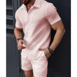 Men's T-shirt Suits 2 Pieces Outfits Tee & Shorts Short Sleeve Lapel Summer Plain Fashion Casual 2 Piece Jacquard Vacation Daily Wear Going out Black White Pink Top Tee for Men