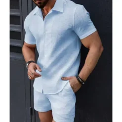Men's T-shirt Suits 2 Pieces Outfits Tee & Shorts Short Sleeve Lapel Summer Plain Fashion Casual 2 Piece Jacquard Vacation Daily Wear Going out Black White Pink Top Tee for Men