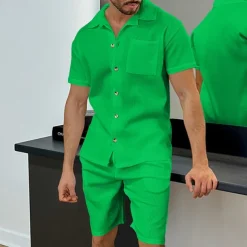 Men's T-shirt Suits 2 Pieces Outfits Tee & Shorts Short Sleeve Turndown Summer Plain Fashion Casual 2 Piece Vacation Daily Wear Going out Black White Blue Top Tee for Men