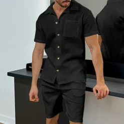 Men's T-shirt Suits 2 Pieces Outfits Tee & Shorts Short Sleeve Turndown Summer Plain Fashion Casual 2 Piece Vacation Daily Wear Going out Black White Blue Top Tee for Men