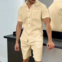 Men's T-shirt Suits 2 Pieces Outfits Tee & Shorts Short Sleeve Turndown Summer Plain Fashion Casual 2 Piece Vacation Daily Wear Going out Black White Blue Top Tee for Men