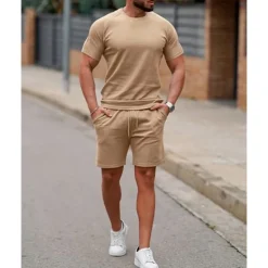 Men's T-shirt Suits 2 Pieces Outfits Tee & Shorts Short Sleeve Crew Neck Summer Plain Fashion Casual 2 Piece Vacation Daily Wear Going out White Pink Green Top Tee for Men