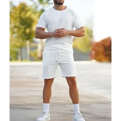 Men's T-shirt Suits 2 Pieces Outfits Tee & Shorts Short Sleeve Crew Neck Summer Plain Fashion Casual 2 Piece Vacation Daily Wear Going out White Pink Green Top Tee for Men