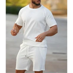 Men's T-shirt Suits 2 Pieces Outfits Tee & Shorts Short Sleeve Crew Neck Summer Plain Fashion Casual 2 Piece Vacation Daily Wear Going out White Pink Green Top Tee for Men