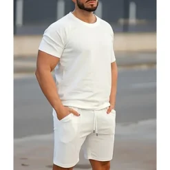 Men's T-shirt Suits 2 Pieces Outfits Tee & Shorts Short Sleeve Crew Neck Summer Plain Fashion Casual 2 Piece Vacation Daily Wear Going out White Pink Green Top Tee for Men