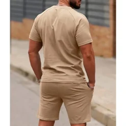 Men's T-shirt Suits 2 Pieces Outfits Tee & Shorts Short Sleeve Crew Neck Summer Plain Fashion Casual 2 Piece Vacation Daily Wear Going out White Pink Green Top Tee for Men