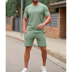 Men's T-shirt Suits 2 Pieces Outfits Tee & Shorts Short Sleeve Crew Neck Summer Plain Fashion Casual 2 Piece Vacation Daily Wear Going out White Pink Green Top Tee for Men