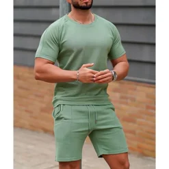 Men's T-shirt Suits 2 Pieces Outfits Tee & Shorts Short Sleeve Crew Neck Summer Plain Fashion Casual 2 Piece Vacation Daily Wear Going out White Pink Green Top Tee for Men