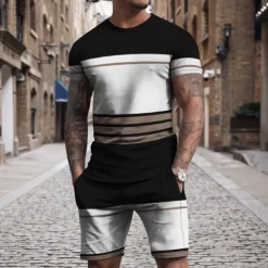 Men's T-shirt Suits 2 Pieces Outfits Tee & Shorts Short Sleeve Crew Neck Summer Color Block Stripes Fashion Casual 2 Piece Vacation Daily Wear Going out Black Blue Brown Top Tee for Men