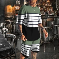 Men's T-shirt Suits 2 Pieces Outfits Tee & Shorts Short Sleeve Crew Neck Summer Color Block Stripes Fashion Casual 2 Piece Vacation Daily Wear Going out Black Blue Brown Top Tee for Men