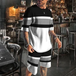 Men's T-shirt Suits 2 Pieces Outfits Tee & Shorts Short Sleeve Crew Neck Summer Color Block Stripes Fashion Casual 2 Piece Vacation Daily Wear Going out Black Blue Brown Top Tee for Men
