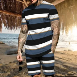 Men's T-shirt Suits 2 Pieces Outfits Tee & Shorts Short Sleeve Crew Neck Summer Color Block Stripes Fashion Casual 2 Piece Vacation Daily Wear Going out Black Blue Brown Top Tee for Men