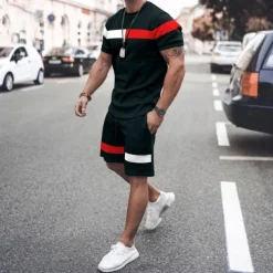 Men's T-shirt Suits 2 Pieces Outfits Tee & Shorts Short Sleeve Crewneck Summer Color Block Fashion Casual 2 Piece Vacation Daily Wear Going out Black Pink White Top Tee for Men