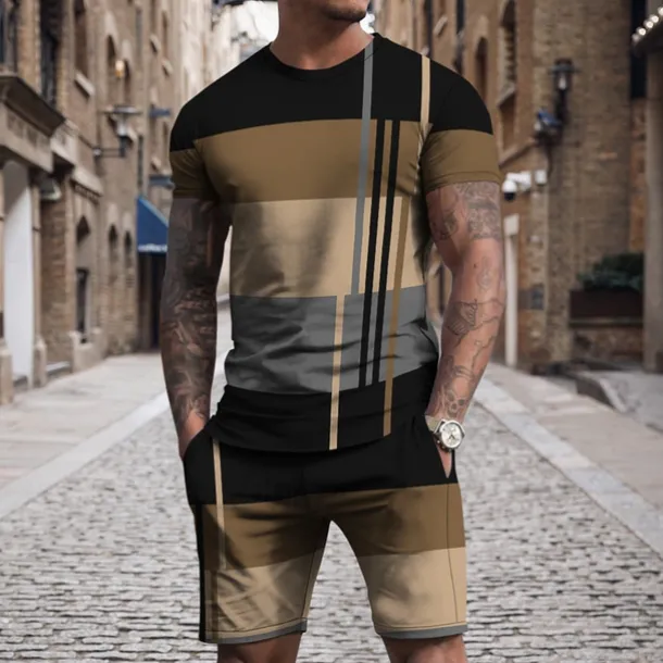 Men's T-shirt Suits 2 Pieces Outfits Tee & Shorts Short Sleeve Crew Neck Summer Color Block Fashion Casual 2 Piece Vacation Daily Wear Going out White Blue Dark Blue Top Tee for Men