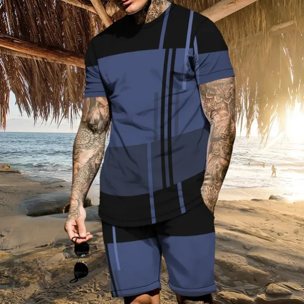 Men's T-shirt Suits 2 Pieces Outfits Tee & Shorts Short Sleeve Crew Neck Summer Color Block Fashion Casual 2 Piece Vacation Daily Wear Going out White Blue Dark Blue Top Tee for Men