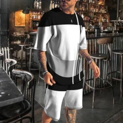 Men's T-shirt Suits 2 Pieces Outfits Tee & Shorts Short Sleeve Crew Neck Summer Color Block Fashion Casual 2 Piece Vacation Daily Wear Going out White Blue Dark Blue Top Tee for Men