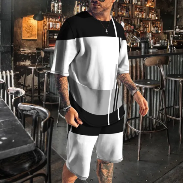 Men's T-shirt Suits 2 Pieces Outfits Tee & Shorts Short Sleeve Crew Neck Summer Color Block Fashion Casual 2 Piece Vacation Daily Wear Going out White Blue Dark Blue Top Tee for Men