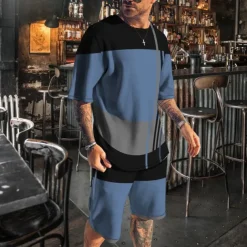 Men's T-shirt Suits 2 Pieces Outfits Tee & Shorts Short Sleeve Crew Neck Summer Color Block Fashion Casual 2 Piece Vacation Daily Wear Going out White Blue Dark Blue Top Tee for Men
