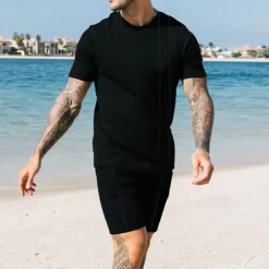 Men's T-shirt Suits 2 Pieces Outfits Tee & Shorts Short Sleeve Crew Neck Summer Plain Fashion Casual 2 Piece Vacation Daily Wear Going out Black White Royal Blue Top Tee for Men