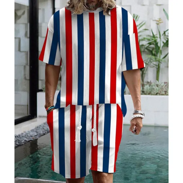 Men's T-shirt Suits 2 Pieces Outfits Tee & Shorts Short Sleeve Crew Neck Summer Striped Fashion Casual 2 Piece Vacation Daily Wear Going out Black Red Blue Top Tee for Men