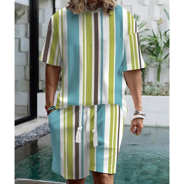 Men's T-shirt Suits 2 Pieces Outfits Tee & Shorts Short Sleeve Crew Neck Summer Striped Fashion Casual 2 Piece Vacation Daily Wear Going out Black Red Blue Top Tee for Men