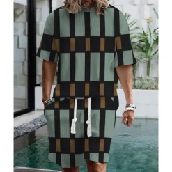 Men's T-shirt Suits 2 Pieces Outfits Tee & Shorts Short Sleeve Crew Neck Summer Striped Fashion Casual 2 Piece Vacation Daily Wear Going out Black Red Blue Top Tee for Men