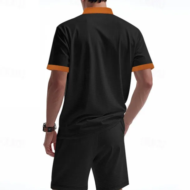 Men's T-shirt Suits 2 Pieces Outfits Tee & Shorts Short Sleeve Standing Collar Summer Color Block Fashion Casual Lace up 2 Piece Vacation Daily Wear Going out Black White Royal Blue Top Tee for Men