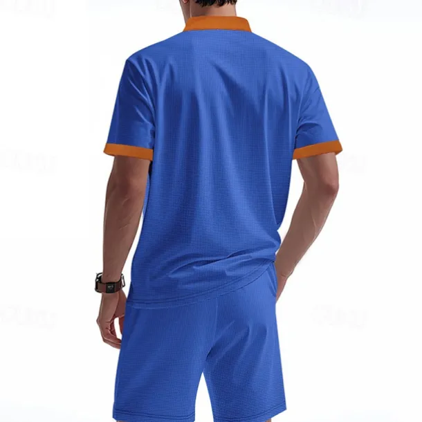 Men's T-shirt Suits 2 Pieces Outfits Tee & Shorts Short Sleeve Standing Collar Summer Color Block Fashion Casual Lace up 2 Piece Vacation Daily Wear Going out Black White Royal Blue Top Tee for Men