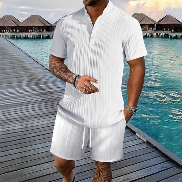 Men's T-shirt Suits 2 Pieces Outfits Tee & Shorts Short Sleeve Henley Summer Plain Fashion Casual 2 Piece Vacation Daily Wear Going out Black White Royal Blue Top Tee for Men