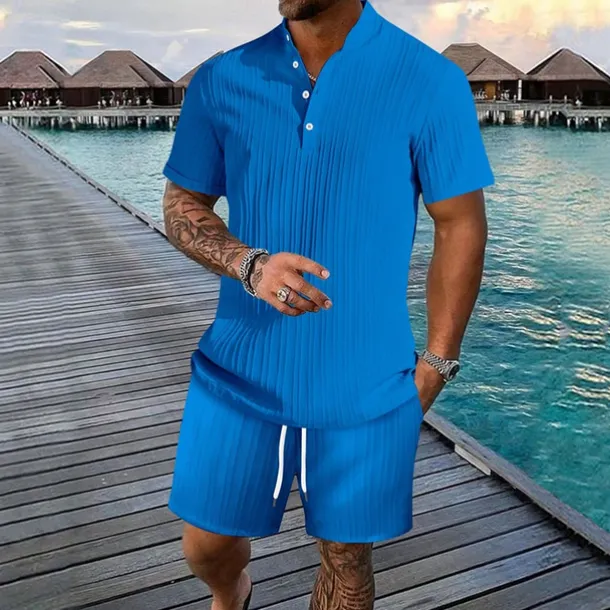 Men's T-shirt Suits 2 Pieces Outfits Tee & Shorts Short Sleeve Henley Summer Plain Fashion Casual 2 Piece Vacation Daily Wear Going out Black White Royal Blue Top Tee for Men