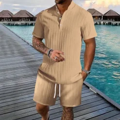 Men's T-shirt Suits 2 Pieces Outfits Tee & Shorts Short Sleeve Henley Summer Plain Fashion Casual 2 Piece Vacation Daily Wear Going out Black White Royal Blue Top Tee for Men