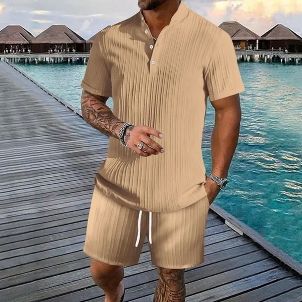 Men's T-shirt Suits 2 Pieces Outfits Tee & Shorts Short Sleeve Henley Summer Plain Fashion Casual 2 Piece Vacation Daily Wear Going out Black White Royal Blue Top Tee for Men