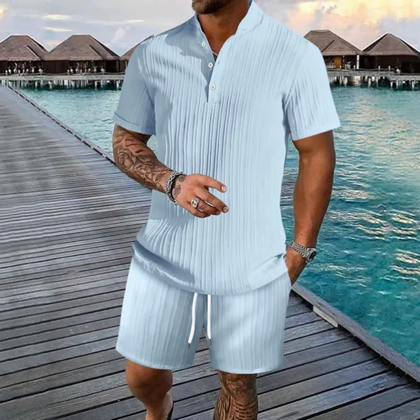 Men's T-shirt Suits 2 Pieces Outfits Tee & Shorts Short Sleeve Henley Summer Plain Fashion Casual 2 Piece Vacation Daily Wear Going out Black White Royal Blue Top Tee for Men