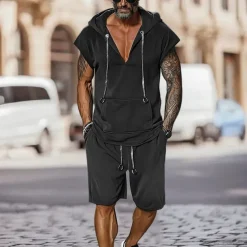 Men's T-shirt Suits 2 Pieces Outfits Tee & Shorts Short Sleeve Hooded Summer Plain Fashion Casual 2 Piece Vacation Daily Wear Going out Black Brown Top Tee for Men