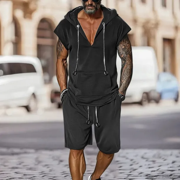 Men's T-shirt Suits 2 Pieces Outfits Tee & Shorts Short Sleeve Hooded Summer Plain Fashion Casual 2 Piece Vacation Daily Wear Going out Black Brown Top Tee for Men