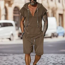 Men's T-shirt Suits 2 Pieces Outfits Tee & Shorts Short Sleeve Hooded Summer Plain Fashion Casual 2 Piece Vacation Daily Wear Going out Black Brown Top Tee for Men