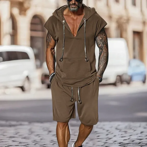Men's T-shirt Suits 2 Pieces Outfits Tee & Shorts Short Sleeve Hooded Summer Plain Fashion Casual 2 Piece Vacation Daily Wear Going out Black Brown Top Tee for Men