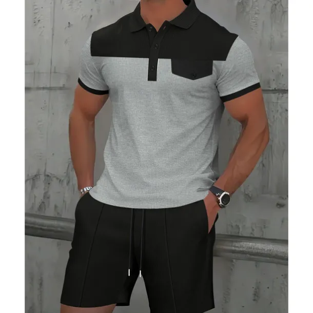 Men's T-shirt Suits 2 Pieces Outfits Tee & Shorts Short Sleeve Lapel Summer Color Block Fashion Casual Patchwork Pocket 2 Piece Vacation Daily Wear Going out Wine Dark Green khaki Top Tee for Men