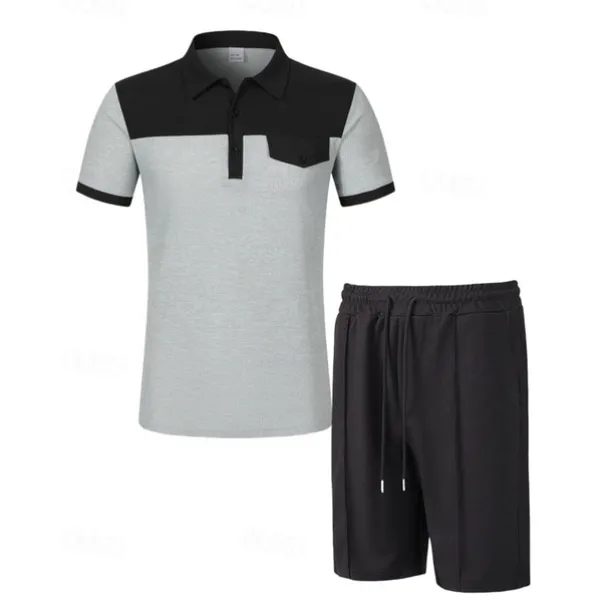 Men's T-shirt Suits 2 Pieces Outfits Tee & Shorts Short Sleeve Lapel Summer Color Block Fashion Casual Patchwork Pocket 2 Piece Vacation Daily Wear Going out Wine Dark Green khaki Top Tee for Men