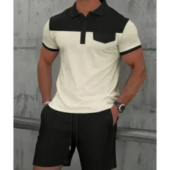 Men's T-shirt Suits 2 Pieces Outfits Tee & Shorts Short Sleeve Lapel Summer Color Block Fashion Casual Patchwork Pocket 2 Piece Vacation Daily Wear Going out Wine Dark Green khaki Top Tee for Men