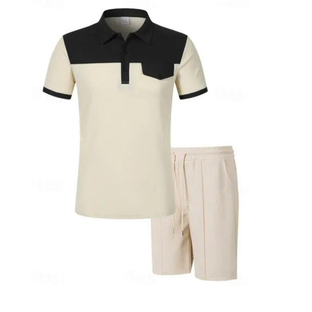 Men's T-shirt Suits 2 Pieces Outfits Tee & Shorts Short Sleeve Lapel Summer Color Block Fashion Casual Patchwork Pocket 2 Piece Vacation Daily Wear Going out Wine Dark Green khaki Top Tee for Men