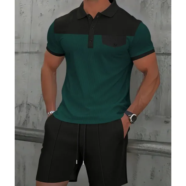 Men's T-shirt Suits 2 Pieces Outfits Tee & Shorts Short Sleeve Lapel Summer Color Block Fashion Casual Patchwork Pocket 2 Piece Vacation Daily Wear Going out Wine Dark Green khaki Top Tee for Men