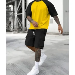Men's T-shirt Suits 2 Pieces Outfits Tee & Shorts Short Sleeve Crew Neck Summer Color Block Fashion Casual 2 Piece Vacation Daily Wear Going out Yellow Orange Army Green Top Tee for Men