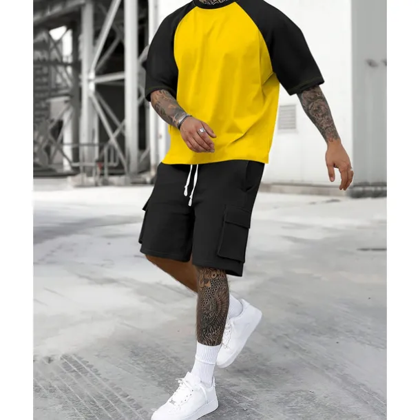 Men's T-shirt Suits 2 Pieces Outfits Tee & Shorts Short Sleeve Crew Neck Summer Color Block Fashion Casual 2 Piece Vacation Daily Wear Going out Yellow Orange Army Green Top Tee for Men