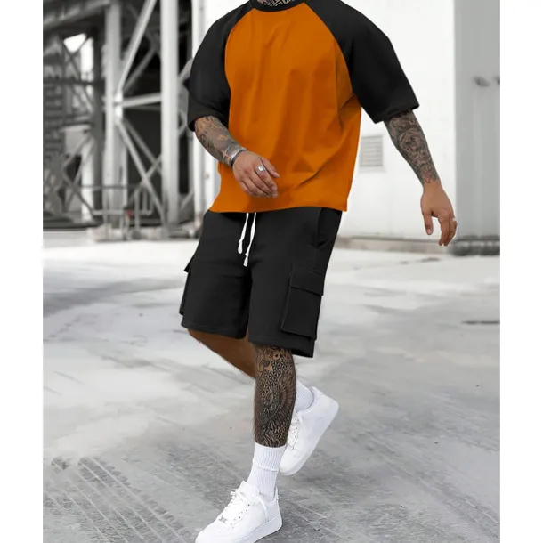 Men's T-shirt Suits 2 Pieces Outfits Tee & Shorts Short Sleeve Crew Neck Summer Color Block Fashion Casual 2 Piece Vacation Daily Wear Going out Yellow Orange Army Green Top Tee for Men